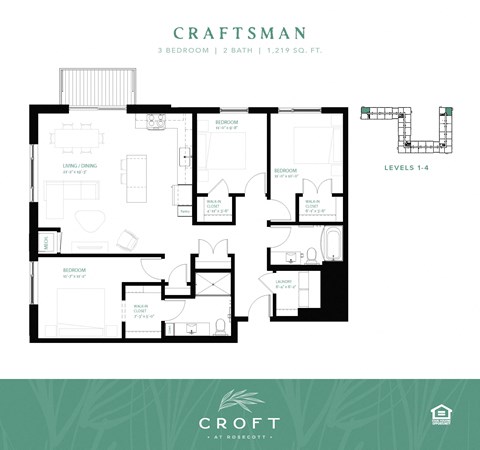 Floor plan for 3 beds, 2 baths, 1219 sqft